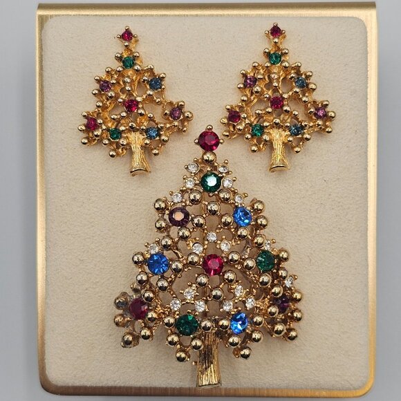 Eisenberg Matching Earrings + Brooch Gold Tone Decorated Festive Christmas Trees - Picture 1 of 15